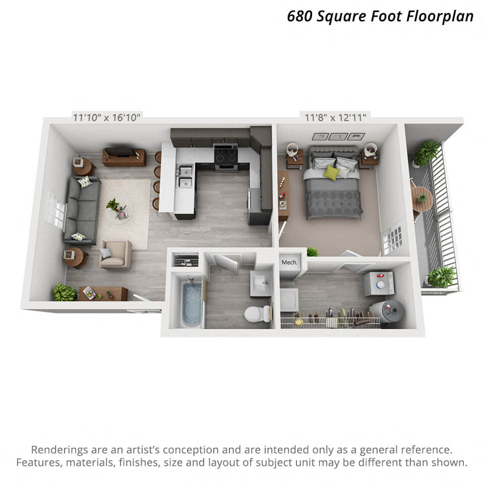 Floor plan for 1 bed, 1 bath, 680 sqft